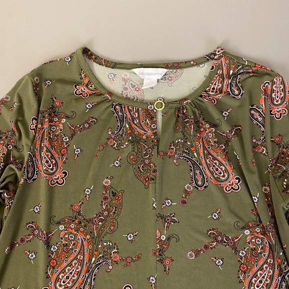 Liz Claiborne Paisley Print Blouse Top Olive Green Large Keyhole‎ 3/4 Sleeve - Picture 2 of 10